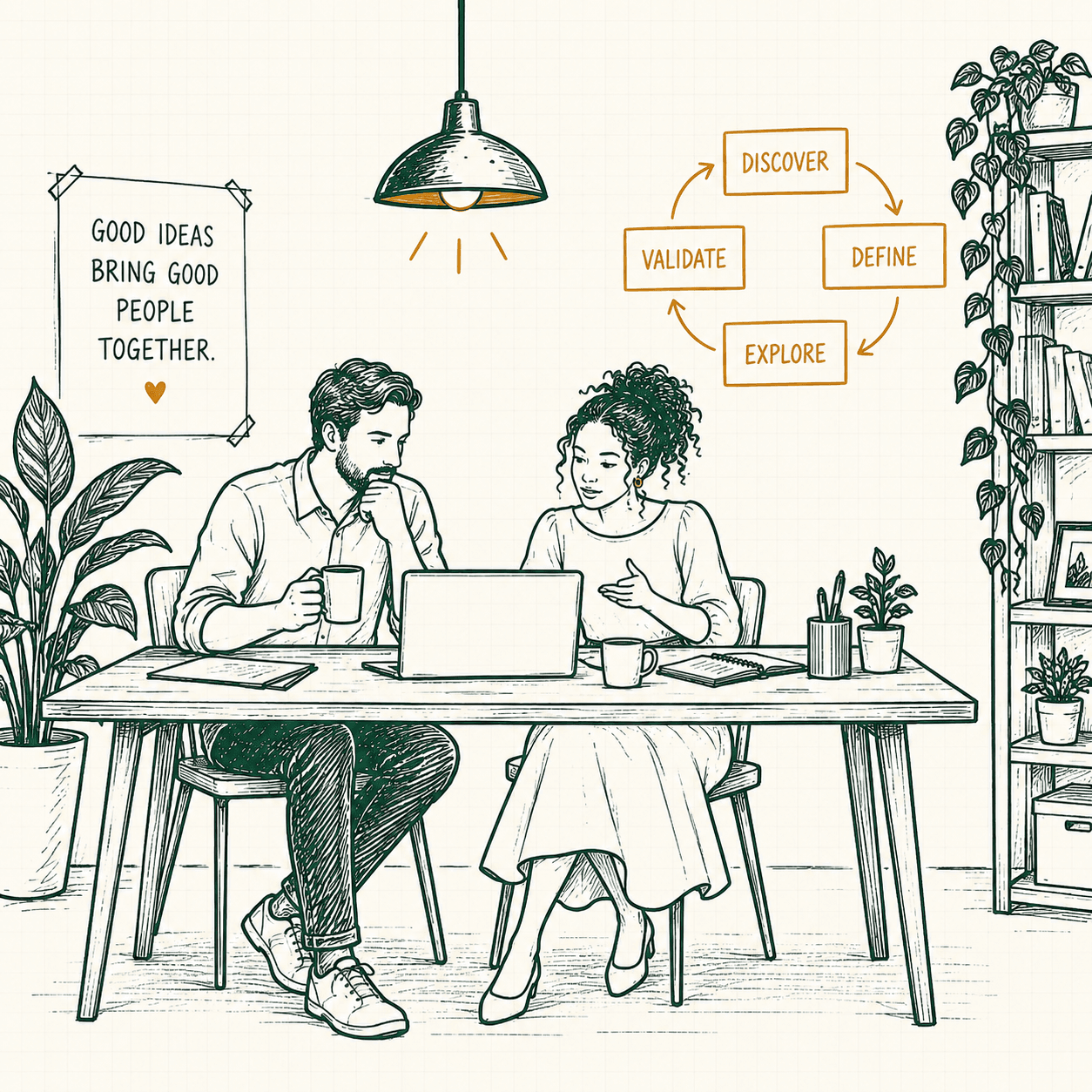 Two people reviewing workflows together at a laptop