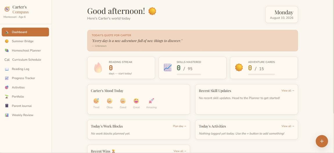 Compass dashboard for tracking reading streaks, skills mastered and today's work blocks
