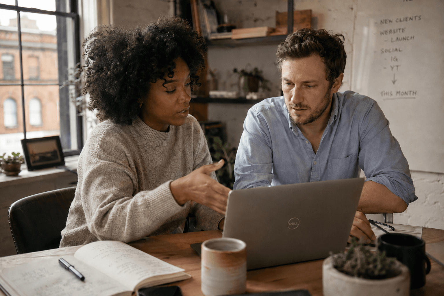 Two people reviewing workflows together at a laptop